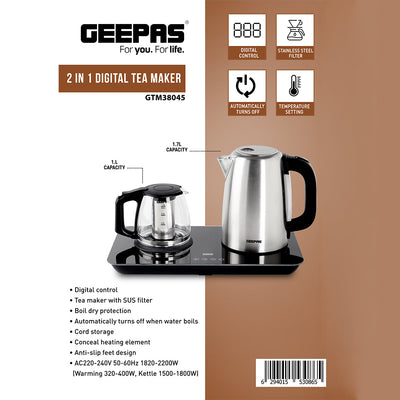 Geepas 2 In 1 Digital Tea Maker - Stainless Steel Filter | Temperature Adjusting, Boil-Dry Protection | 400W & 1800W | 2 Years Warranty