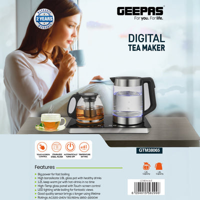 Geepas Borosilicate Glass Digital Tea Maker- GTM38065/ 1.8 L and 1.2 L, Touch Screen Control, 60W for Fast Boiling/  2 Years Warranty, Silver and Black