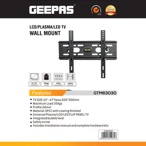 Geepas LCD/Plasma/LED TV Wall Mount GTM63030 | Universal Adjustable TV Bracket for 15”–47” Screens | Strong Steel Construction | Space-Saving Design| Easy Installation