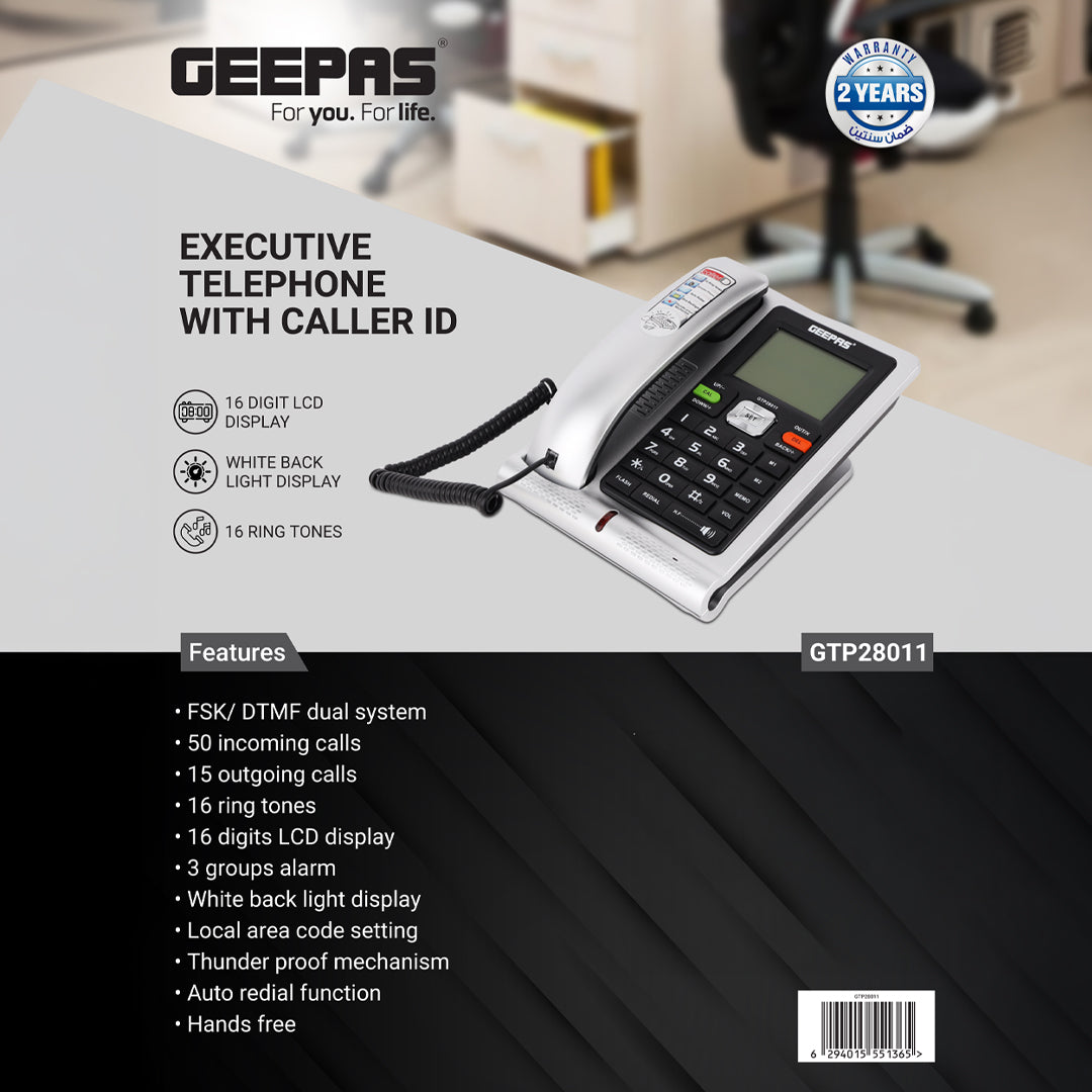 Geepas GTP28011 Executive Telephone with Caller ID | 16 Digit LCD Display | White Backlight| Hands-Free Function| 16 Ringtones| FSK/DTMF Desk Phone for Office & Home Use