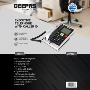Geepas GTP28011 Executive Telephone with Caller ID | 16 Digit LCD Display | White Backlight| Hands-Free Function| 16 Ringtones| FSK/DTMF Desk Phone for Office & Home Use