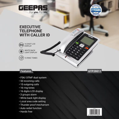 Geepas GTP28011 Executive Telephone with Caller ID | 16 Digit LCD Display | White Backlight| Hands-Free Function| 16 Ringtones| FSK/DTMF Desk Phone for Office & Home Use