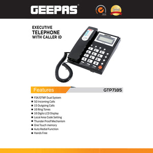 Geepas GTP7185 Executive Telephone with Caller ID | FSK/DTMF Dual System |  16-Digit LCD Display |  50 Incoming & 15 Outgoing Calls |  16 Ringtones |  Hands-Free|