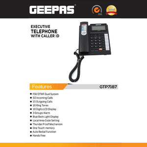 Geepas GTP7187 Executive Telephone with Caller ID | 16 Digit LCD Display | Blue Backlight|  Hands-Free Function| 16 Ringtones| FSK/DTMF Desk Phone for Home & Office Use