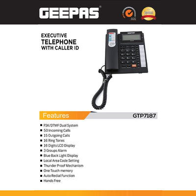 Geepas GTP7187 Executive Telephone with Caller ID | 16 Digit LCD Display | Blue Backlight|  Hands-Free Function| 16 Ringtones| FSK/DTMF Desk Phone for Home & Office Use