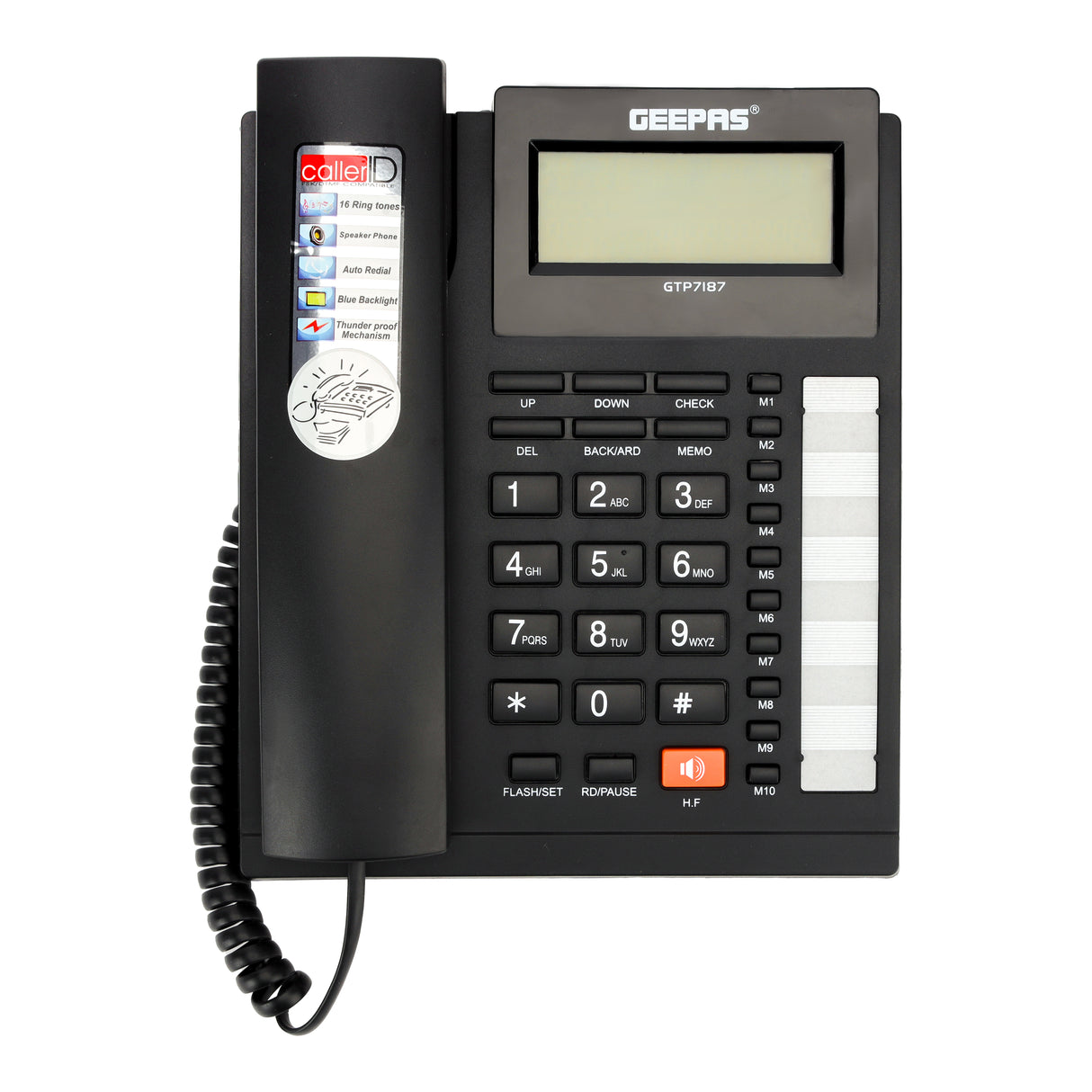 Geepas GTP7187 Executive Telephone with Caller ID | 16 Digit LCD Display | Blue Backlight|  Hands-Free Function| 16 Ringtones| FSK/DTMF Desk Phone for Home & Office Use