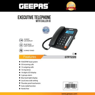 Geepas GTP7220 Executive Telephone with Caller ID | 16 Digit LCD Display | Blue Backlight| Hands-Free Function| 16 Ringtones| FSK/DTMF Desk Phone for Home & Office Use
