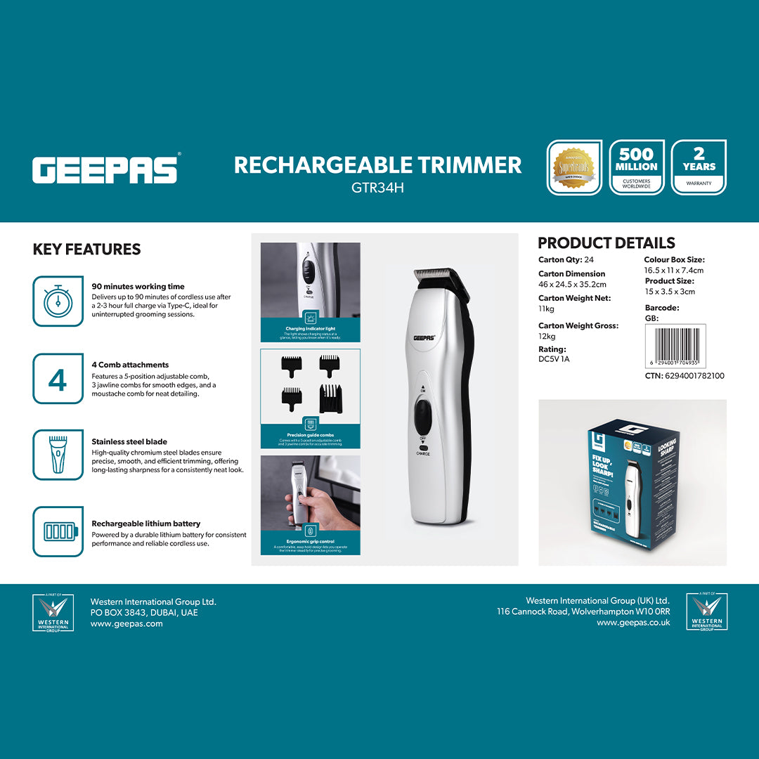 Geepas GTR34N Rechargeable Hair Trimmer | Chromium Steel Blade| 5 Position Comb| 60-Min Working Time | Ergonomic Grip | Jawline & Moustache Combs |  2-Year Warranty