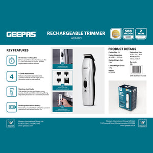 Geepas GTR34N Rechargeable Hair Trimmer | Chromium Steel Blade| 5 Position Comb| 60-Min Working Time | Ergonomic Grip | Jawline & Moustache Combs |  2-Year Warranty