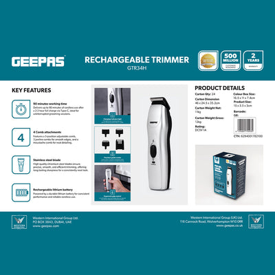 Geepas GTR34N Rechargeable Hair Trimmer | Chromium Steel Blade| 5 Position Comb| 60-Min Working Time | Ergonomic Grip | Jawline & Moustache Combs |  2-Year Warranty