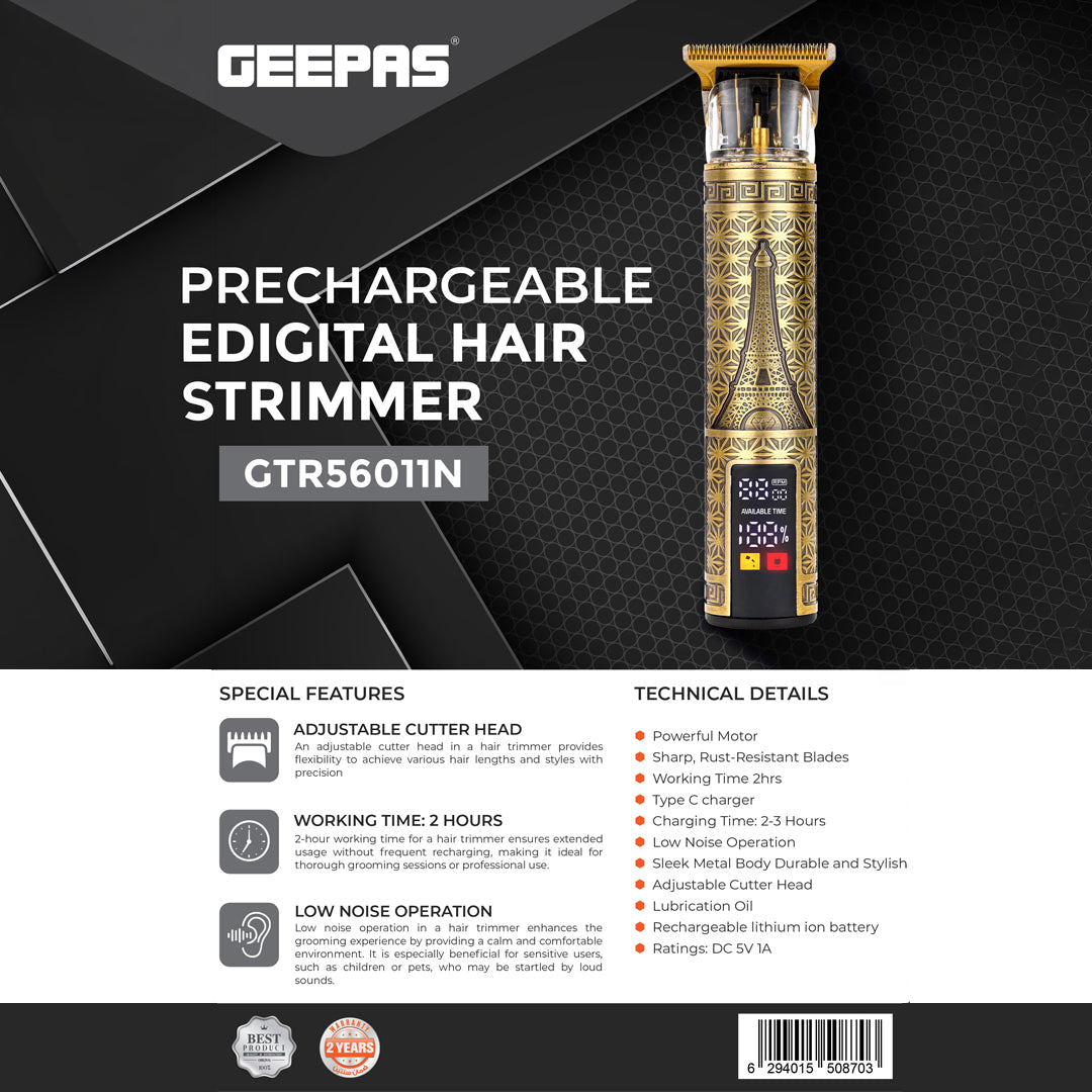 Geepas GTR56011 Rechargeable Digital Hair Trimmer | LED Display| Adjustable Cutter Head|  Low Noise Motor| Type-C Charging|  Metal Body|  2-Hour Runtime| Professional Use