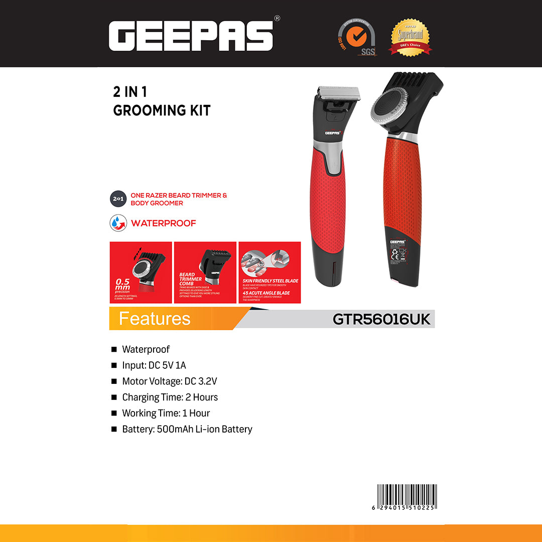 Geepas GTR56016UK 2-in-1 Grooming Kit | Waterproof Beard Trimmer & Body Groomer | 0.5mm Precision Comb | Skin-Friendly Steel Blade | 45° Acute Angle | Quick Charge