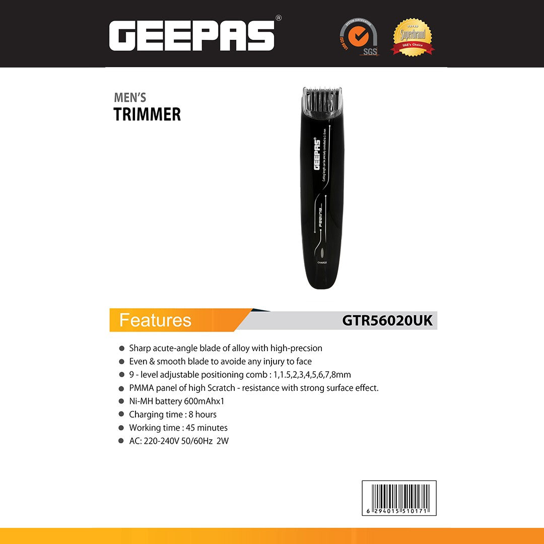 Geepas GTR56020UK Men’s Trimmer | Sharp Alloy Blade | 9-Level Adjustable Comb| Smooth Trimming| Scratch-Resistant PMMA Panel | 600mAh Battery| 45-Minute Runtime