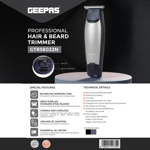 Geepas GTR56022 Professional Hair & Beard Trimmer | 60 Min Use, Zero Overlap Blades | Corded & Cordless, Low Noise, USB/DC Adaptor, Accessories | 2 Years Warranty