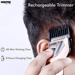 Geepas GTR56023 Electric Hair Clipper | Silver Pd Alloy Motor | Low Noise Operation| 8Hr Charging | 45Min Cordless Use | High Precision Cutting Head & Accessories