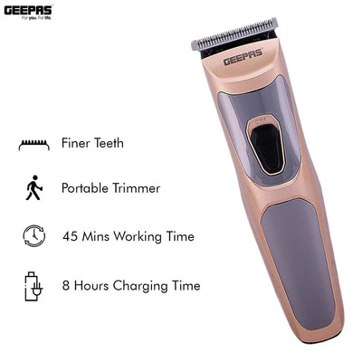 Geepas GTR56023 Electric Hair Clipper | Silver Pd Alloy Motor | Low Noise Operation| 8Hr Charging | 45Min Cordless Use | High Precision Cutting Head & Accessories