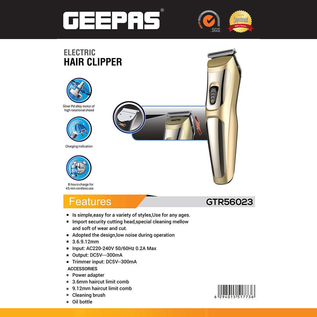 Geepas GTR56023 Electric Hair Clipper | Silver Pd Alloy Motor | Low Noise Operation| 8Hr Charging | 45Min Cordless Use | High Precision Cutting Head & Accessories