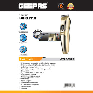 Geepas GTR56023 Electric Hair Clipper | Silver Pd Alloy Motor | Low Noise Operation| 8Hr Charging | 45Min Cordless Use | High Precision Cutting Head & Accessories