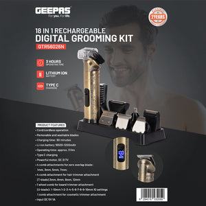 Geepas GTR56026 18-in-1 Rechargeable Digital Grooming Kit | 3 Hours Runtime| Washable Blades|  Powerful Motor|  LED Display|   Hair & Beard Trimmer| 2 Years Warranty