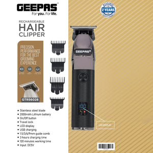 Geepas GTR56028 Rechargeable Hair Clipper | 2000mAh Li-ion Battery| LED Display| Stainless Steel Blades| 120 Mins Runtime | Travel Lock & 4 Guide Combs| 2 Years Warranty