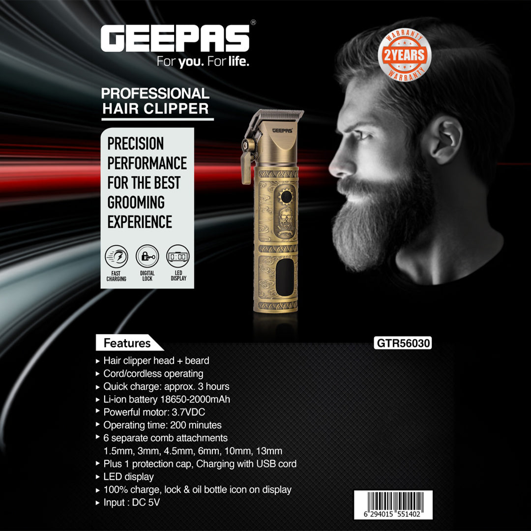 Geepas GTR56030 Professional Hair & Beard Clipper | LED Display | Precision Stainless Steel Blades | Adjustable Cutting Lengths| Rechargeable Battery |  2 Years Warranty