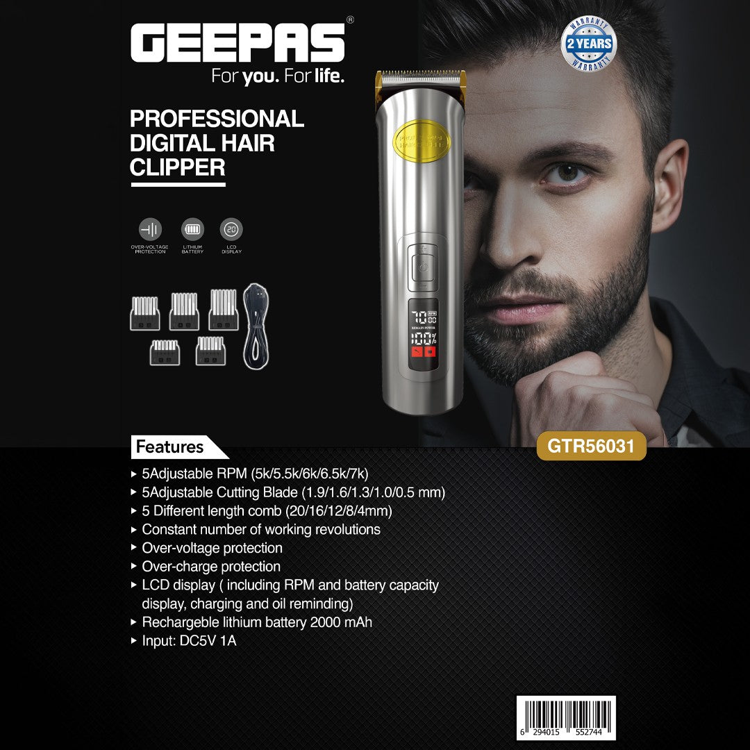 Geepas GTR56031 Professional Digital Hair Clipper | LCD Display |Adjustable RPM Speeds | Adjustable Cutting Blades | 2000mAh Lithium Battery | Low Noise Motor|