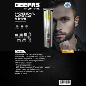 Geepas GTR56031 Professional Digital Hair Clipper | LCD Display |Adjustable RPM Speeds | Adjustable Cutting Blades | 2000mAh Lithium Battery | Low Noise Motor|