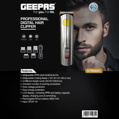Geepas GTR56031 Professional Digital Hair Clipper | LCD Display |Adjustable RPM Speeds | Adjustable Cutting Blades | 2000mAh Lithium Battery | Low Noise Motor|