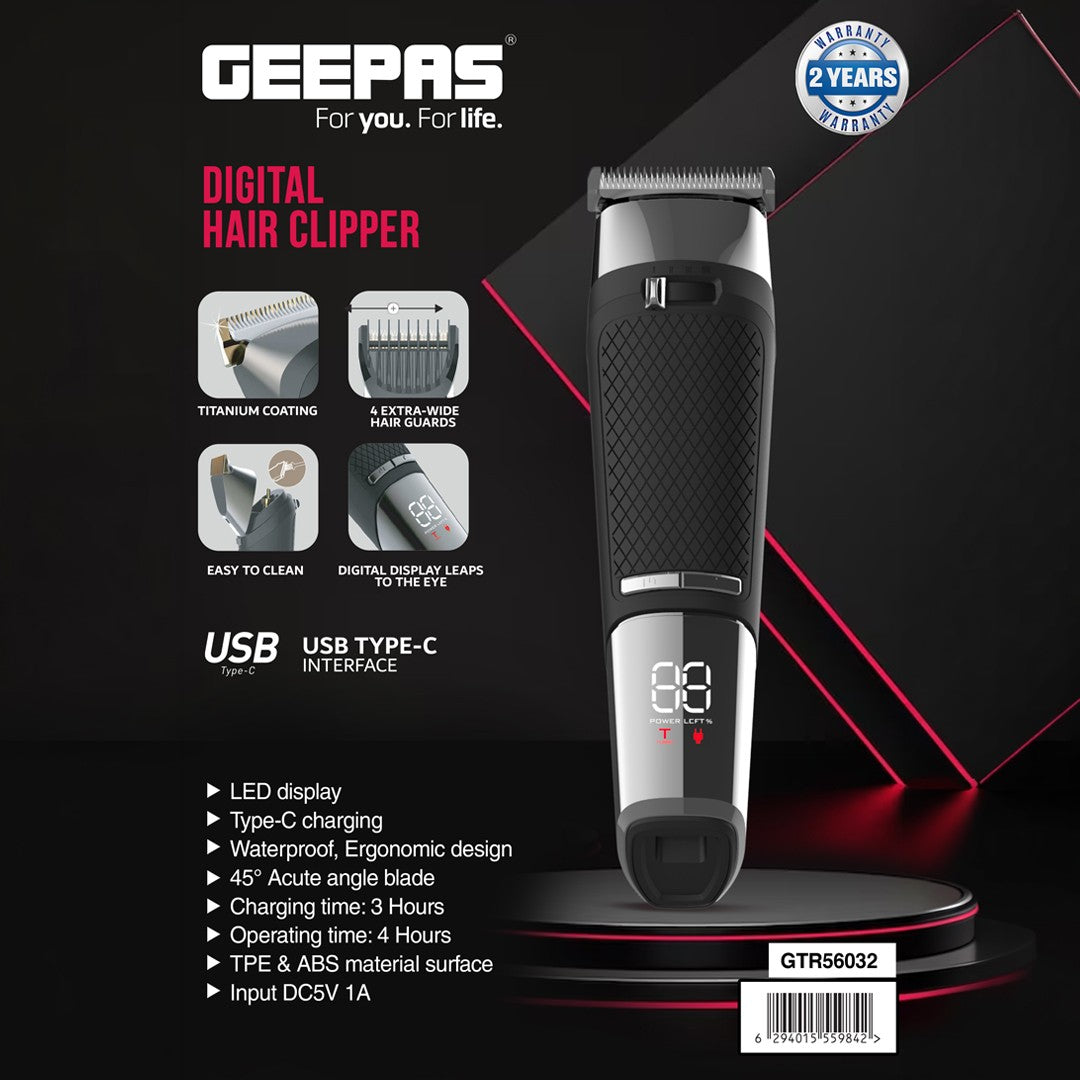 Geepas GTR56032 Digital Hair Clipper with LED Display | Titanium Coated Blades | USB Type-C Charging| Waterproof Ergonomic Body| 4 Hour Runtime| Easy Clean Design