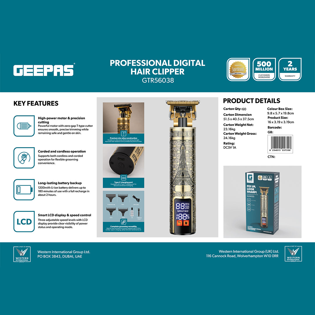 Geepas Professional Hair Clipper GTR56038 | High Performance T-Blade, LCD Display, Li-ion Battery, Fast Charging | Safe on Scalp, Perfect for Home & Salon, 2Year Warranty