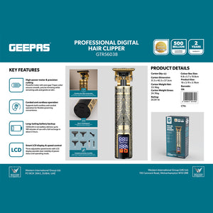 Geepas Professional Hair Clipper GTR56038 | High Performance T-Blade, LCD Display, Li-ion Battery, Fast Charging | Safe on Scalp, Perfect for Home & Salon, 2Year Warranty
