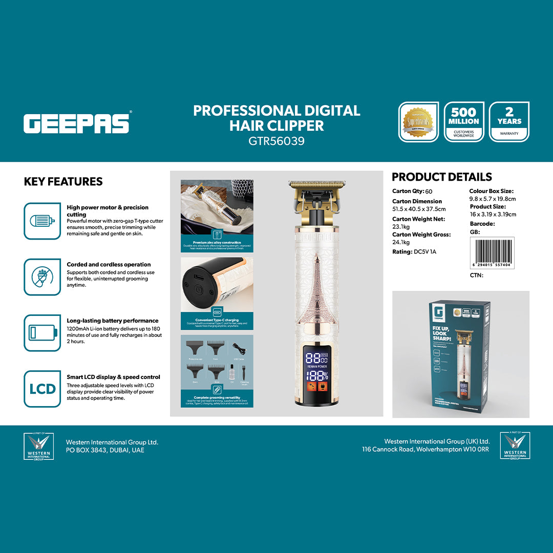 Geepas Professional Digital Hair Clipper GTR56039 | High Performance T-Blade, LCD Display, Li-ion Battery, Type-C Fast Charging | Safe on Scalp, 2 Year Warranty