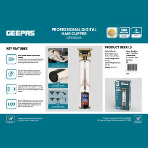 Geepas Professional Digital Hair Clipper GTR56039 | High Performance T-Blade, LCD Display, Li-ion Battery, Type-C Fast Charging | Safe on Scalp, 2 Year Warranty
