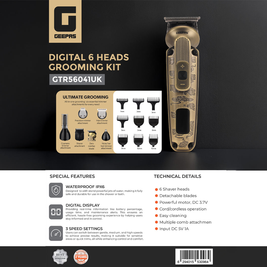 Geepas GTR56041 Digital 6 Heads Grooming Kit | IPX6 Waterproof | 3-Speed Settings | Digital Display | 6 Trimmer Attachments | Powerful DC Motor  | 2-Year Warranty
