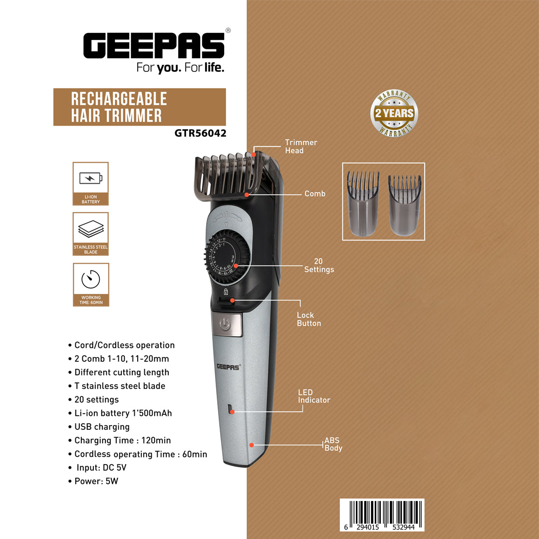 Geepas GTR56042 Rechargeable Hair Trimmer | 1500mAh Li-ion Battery| 20 Length Settings| T Stainless Steel Blade|2 Combs (1–10mm & 11–20mm)| USB Charging| 2 Years Warranty