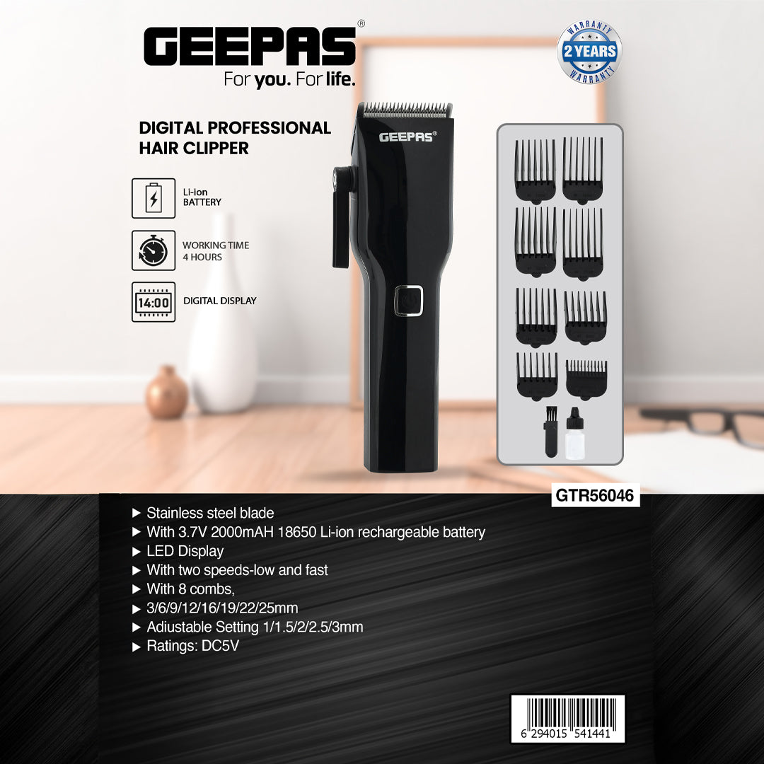 Geepas GTR56046 Digital Professional Hair Clipper | 4 Hours Runtime | 2000mAh Li-ion Battery| LED Display | Stainless Steel Blades|  2 Speed Control | 2 Years Warranty