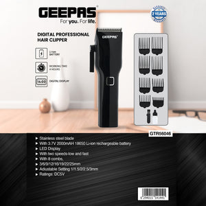 Geepas GTR56046 Digital Professional Hair Clipper | 4 Hours Runtime | 2000mAh Li-ion Battery| LED Display | Stainless Steel Blades|  2 Speed Control | 2 Years Warranty