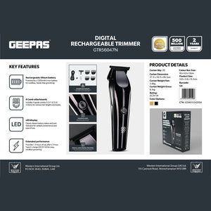 Geepas GTR56047 Digital Rechargeable Trimmer | LED Display | Type-C Charging | titanium-coated stainless steel blades | LED digital display | 4 guide comb attachments
