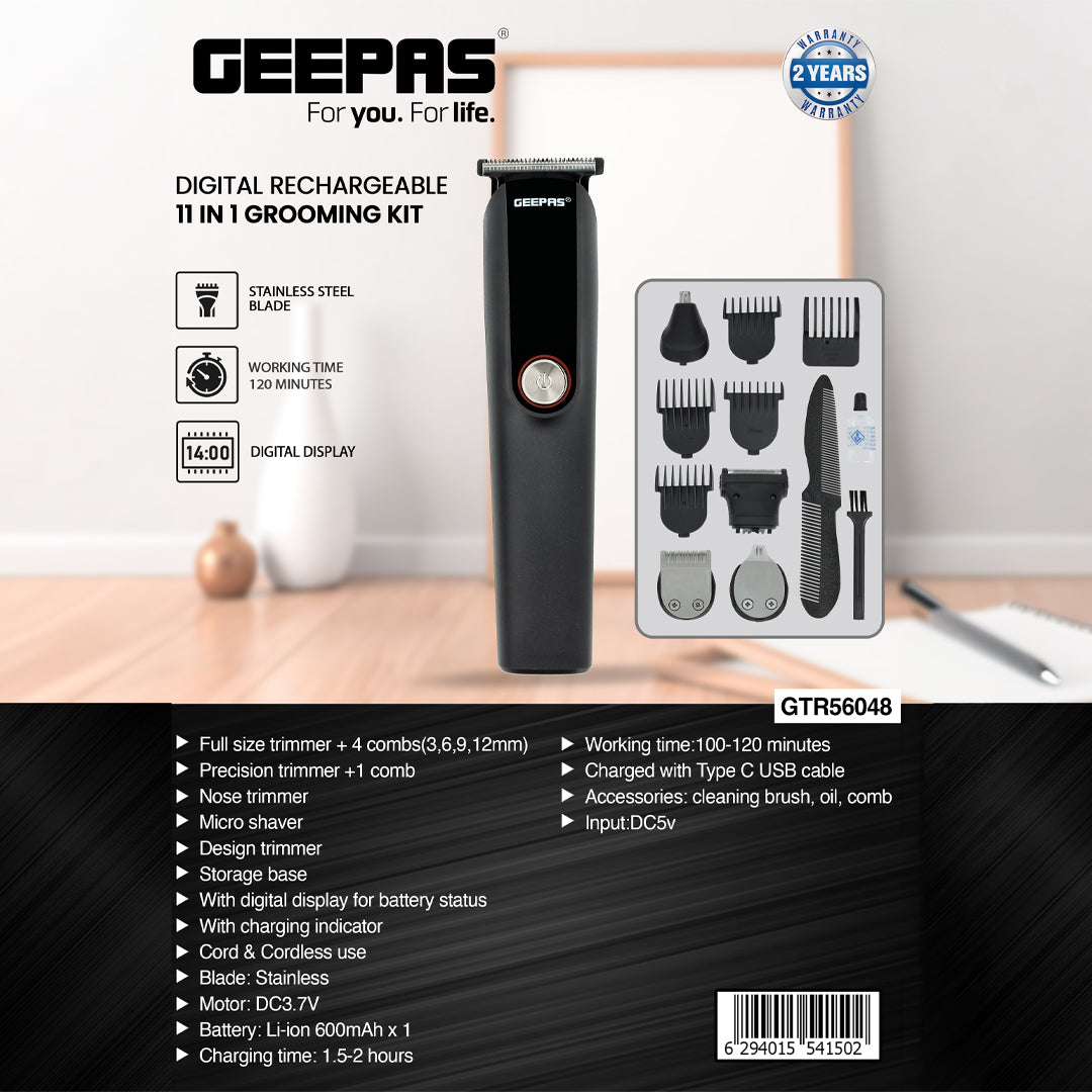 Geepas  11-in-1 Digital Rechargeable Grooming Kit GTR56048 | Stainless Steel Blades | Precision Trimming Attachments | 120-Min Cordless Runtime | 2 Years Warranty