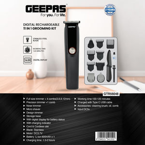 Geepas  11-in-1 Digital Rechargeable Grooming Kit GTR56048 | Stainless Steel Blades | Precision Trimming Attachments | 120-Min Cordless Runtime | 2 Years Warranty
