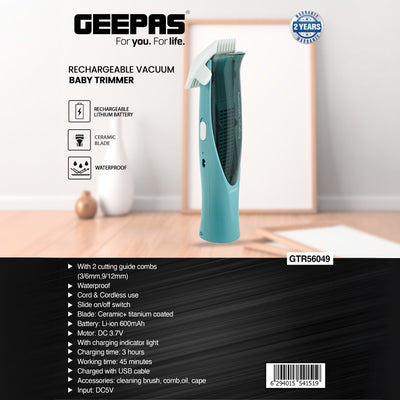 Geepas GTR56049 Rechargeable Vacuum Baby Trimmer | Waterproof Design| Safe Ceramic Blade| Low Noise Operation| Gentle Hair Cutting for Kids & Infants | 2 Years Warranty