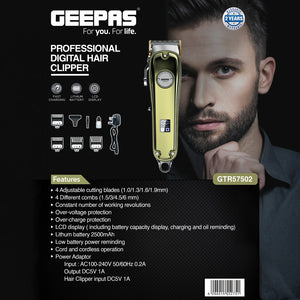 Geepas GTR57502 Professional Digital Hair Clipper | LCD Display| Fast Charging| 2500mAh Lithium Battery| Adjustable Blades | Corded & Cordless Use |  2 Years Warranty