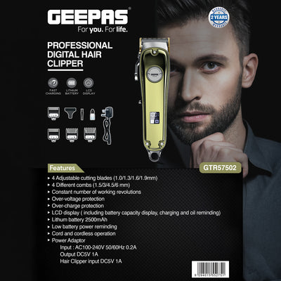 Geepas GTR57502 Professional Digital Hair Clipper | LCD Display| Fast Charging| 2500mAh Lithium Battery| Adjustable Blades | Corded & Cordless Use |  2 Years Warranty