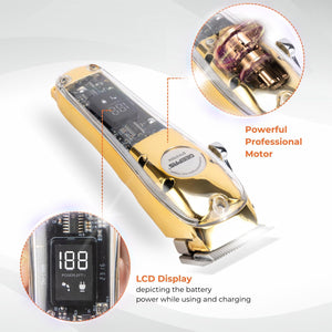 Geepas Professional Digital Hair Clipper GTR57504 | High-Capacity Battery & Fast USB Charging | 4 Adjustable Blades, 8 Combs, LCD Display, 2Year Warranty, Golden