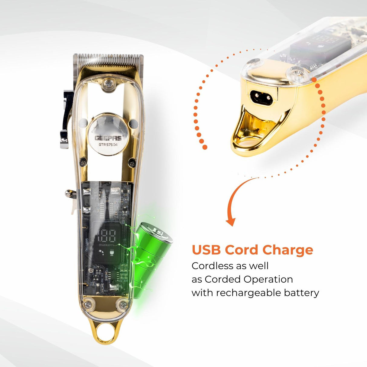 Geepas Professional Digital Hair Clipper GTR57504 | High-Capacity Battery & Fast USB Charging | 4 Adjustable Blades, 8 Combs, LCD Display, 2Year Warranty, Golden