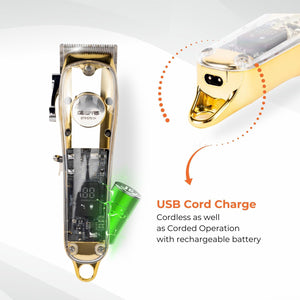 Geepas Professional Digital Hair Clipper GTR57504 | High-Capacity Battery & Fast USB Charging | 4 Adjustable Blades, 8 Combs, LCD Display, 2Year Warranty, Golden