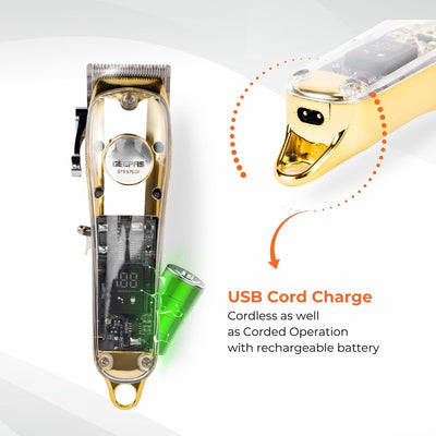 Geepas Professional Digital Hair Clipper GTR57504 | High-Capacity Battery & Fast USB Charging | 4 Adjustable Blades, 8 Combs, LCD Display, 2Year Warranty, Golden