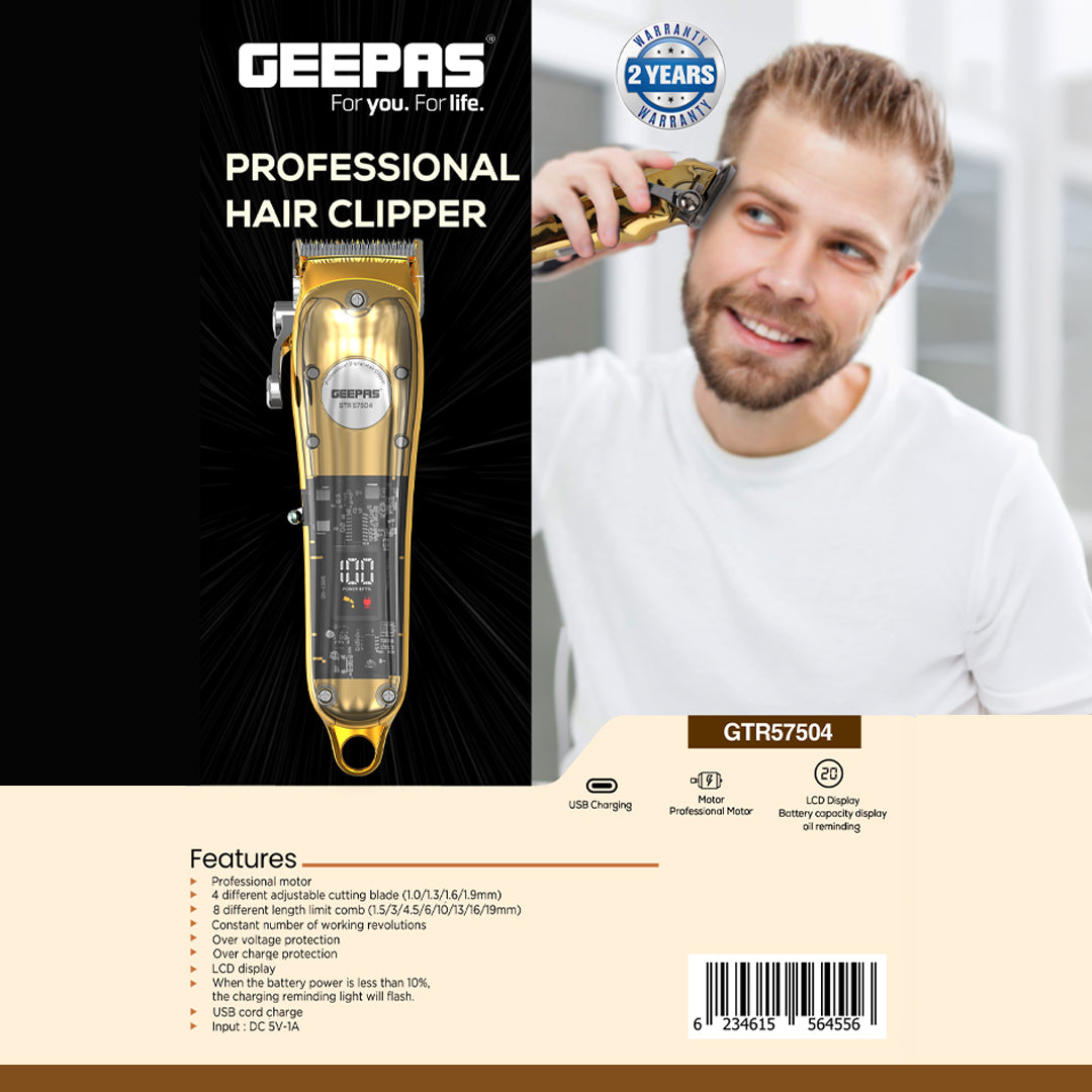 Geepas Professional Digital Hair Clipper GTR57504 | High-Capacity Battery & Fast USB Charging | 4 Adjustable Blades, 8 Combs, LCD Display, 2Year Warranty, Golden