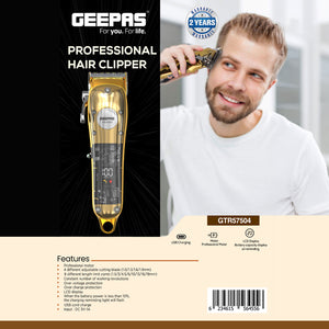 Geepas Professional Digital Hair Clipper GTR57504 | High-Capacity Battery & Fast USB Charging | 4 Adjustable Blades, 8 Combs, LCD Display, 2Year Warranty, Golden