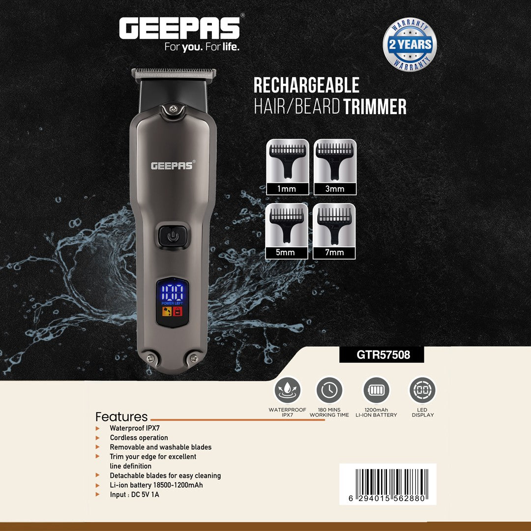 Geepas GTR57508 Rechargeable Hair/Beard Trimmer | Waterproof IPX7| 180 Mins Runtime| 1200mAh Li-ion Battery| Washable Blades & Multiple Length Settings | 2 Years Warranty